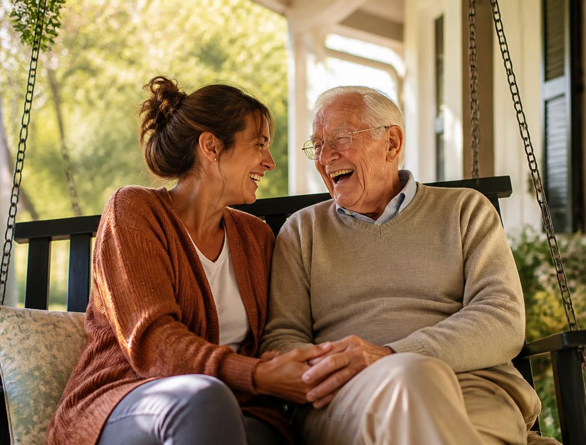 An adult daughter laughing with her elderly father on a front porch swing